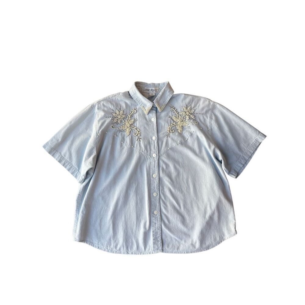 Vintage 80’s Jane Ashley light blue beaded and embroidered button-down shirt - Picture 7 of 12
